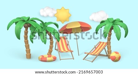 Summertime background. Summer 3d realistic render vector objects. Palm trees,  striped beach chairs,sun cloud, swim ball and ring. Vector illustration.