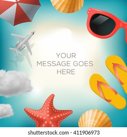 Summertime background with summer icons, airplane, sun umbrella, flip flops, sunglasses, star fish, shell, cloud, vector illustration.