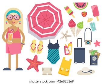 Summertime background with summer icons, vector illustration. Woman in a pink swimsuit.