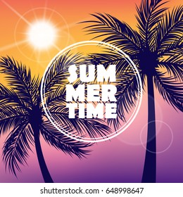 Summertime background with sun and palm trees silhouette. Vector illustration.