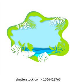 Summertime background with tropical leaves and sea. Paper cut layer and craft style vector illustration. Place for text. Template for party invitation, flyer, poster, banner. Travel, vacation concept.