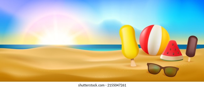 Summertime background. Vacation concept, summer accessories on the sandy beach with sunset in background. Season background.
