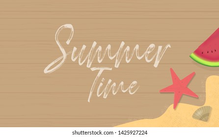 Summertime background with watermelon, sand, and starfish