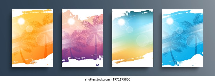 Summertime backgrounds set with palm trees, summer sun and brush strokes for your graphic design. Sunny Days. Vector illustration.