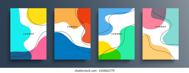 Summertime backgrounds with various dynamic liquid shapes and black outlines for your creative graphic design. Summer season collection. Vector illustration.