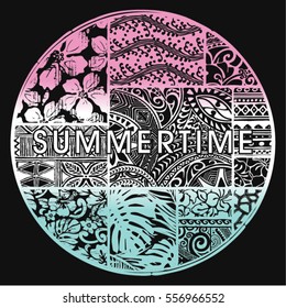 Summertime badge with hawaiian motifs, vector artwork for woman t shirt  