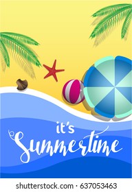 Summertime banner design on beach with holiday element - vector illustrator