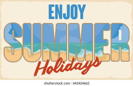 Summertime banner with greeting message and inside the letters there is a beauty view of a seaside beach.