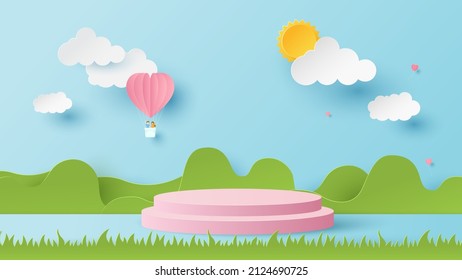 Summertime banner with podium platform. Heart balloons with peoples joyful and podium to show product. Paper cut and craft style illustration