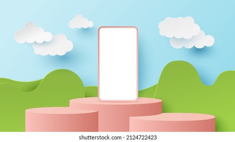 Summertime banner with podium platform. Mobile phone with peoples joyful and podium to show product. Paper cut and craft style illustration