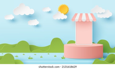 Summertime Banner With Podium Platform. Mobile Phone With Peoples Joyful And Podium To Show Product. Paper Cut And Craft Style Illustration