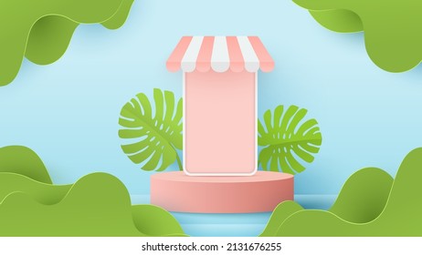 Summertime Banner With Podium Platform. Mobile Phone With Peoples Joyful And Podium To Show Product. Paper Cut And Craft Style Illustration