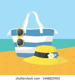 Summertime Beach Bag With Hat And Sunglasses Illustration Vector.