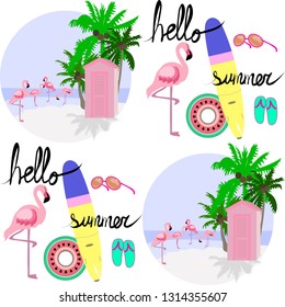 Summertime beach fun seamless pattern with flamingo, surfboard, palm trees, swimming ring