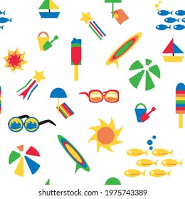 Summertime beach fun vector illustration with popsicle, surfboard, beach ball, towel, umbrella, sun, fish, star, sailboat, pail, shovel, and sunglasses. Seamless pattern.