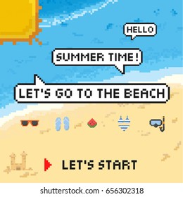 Summertime at the beach with "Let's go to the beach" text and icons of summer season; bikini, sunglasses, watermelon, sun and etc. pixel art style . vector illustration