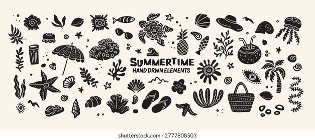 Summertime, beach life set of hand drawn black and white elements for decoration, prints, circuit, sun hat, coconut, starfish, flip flops, seaweed, abstract shapes, creative, vector illustration	
