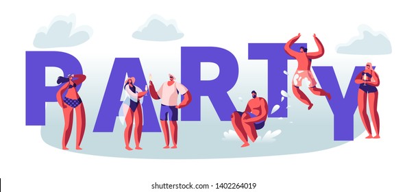 Summertime Beach Party Concept. Male, Female Characters Having Leisure, Relaxing on Seaside in Swimming Suits, Drinking, Jump to Water Poster, Banner, Flyer, Brochure. Cartoon Flat Vector Illustration