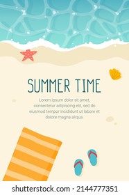 Summertime beach poster template. Paradise sea coast banner. Cartoon sand and water advertisement design.