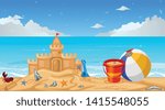 Summertime Beach Sandcastle For Sale Including Beach Ball Cloud Sky 
And Flying Birds Vector Illustration