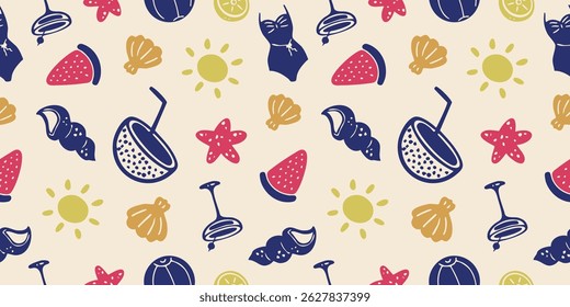 Summertime beach seamless pattern with sea and relax symbols, fruits, swimsuits and seashells. Vector graphic wallpaper, textile design and wrapping papers.