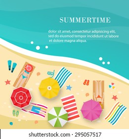 Summertime beach, top view, with summer icons set: tanning people, sunbeds, towels,  slippers, umbrellas, beach ball, diving mask etc., vector illustration