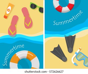 Summertime and beach vacation posters set. Snorkel flippers mask ball cream slippers and glasses on the sand near sea or ocean. Travelling banner. Things necessary for rest. Vector illustration