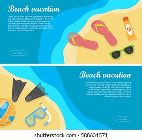 Summertime and beach vacation posters set. Snorkel flippers mask ball cream slippers and glasses on the sand near sea or ocean. Travelling banner. Things necessary for rest. Vector illustration