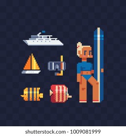 Summertime beach vacation sport. Pixel art set icons. Tropical fish. Diving or snorkel mask. Cruise liner. Sailboat. Girl character with surfboard. Isolated vector illustration. 