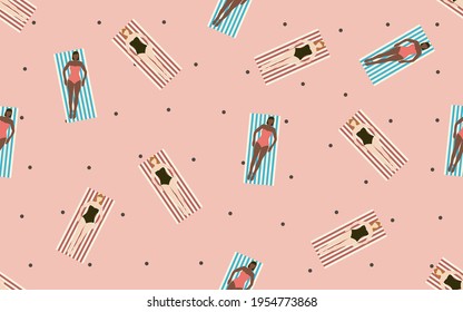 Ilustración del vector de playa en verano de diseño plano Patrón sin foco con las niñas bronceadas en trajes de baño sobre fondo rosa con punto de polka negro