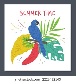 Summertime card, poster or banner with parrot sitting on tropical leaves, flat vector illustration isolated on white background. Banner for summer vacation and journey.