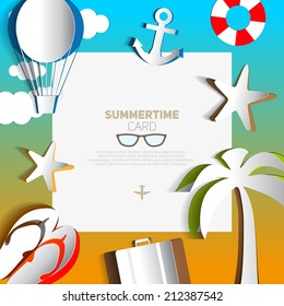Summertime card or traveling template with beach summer accessories made from paper cut, vector illustration