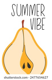 Summertime card with yellow hand drawn pear. Summer vibe poster