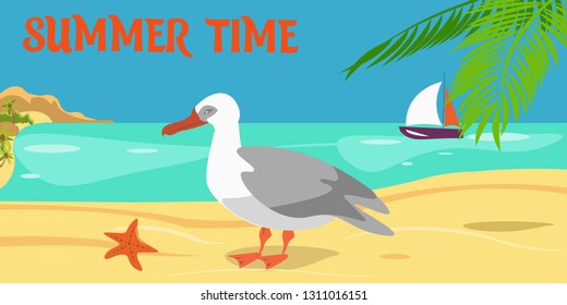 Summertime cartoon color illustration. Seagull on beach. Palm, sea, sand, sailboat composition. Shore, coast, seascape. Island paradise resort. Summer vacation vector flat banner with lettering