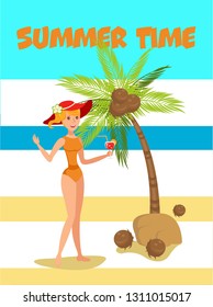 Summertime cartoon vector illustration. Paradise resort. Beach rest activity. Girl standing and drinking cocktail. Holidaymaker, tourist flat character. Summer vacation poster, banner design concept
