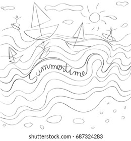 Summertime childish composition, hand drawn doodle illustration over white