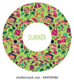 Summertime circle traveling template with beach, holidays and vacation summer accessories, vector illustration.