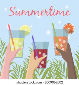 Summertime. Cold lemonade with ice in hand different people on blue background