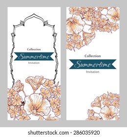 Summertime collection. Romantic botanical invitation. Greeting card with floral background.