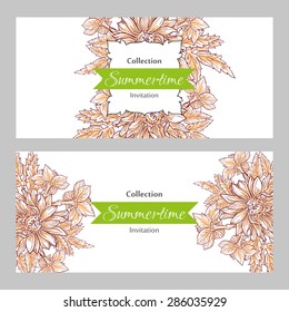 Summertime collection. Romantic botanical invitation. Greeting card with floral background.