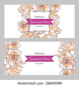 Summertime collection. Romantic botanical invitation. Greeting card with floral background.