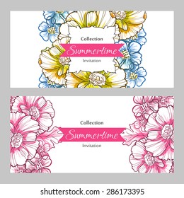 Summertime collection. Romantic botanical invitation. Greeting card with floral background.