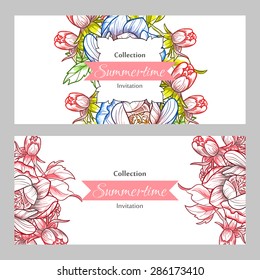 Summertime collection. Romantic botanical invitation. Greeting card with floral background.