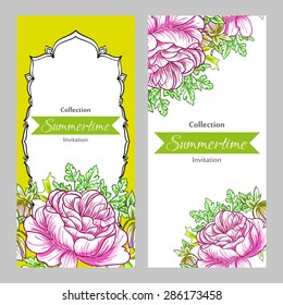 Summertime collection. Romantic botanical invitation. Greeting card with floral background.