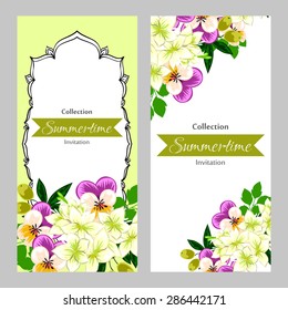 Summertime collection. Romantic botanical invitation. Greeting card with floral background.