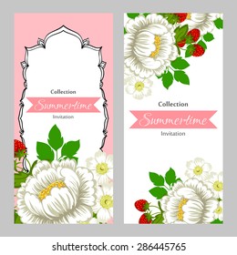 Summertime collection. Romantic botanical invitation. Greeting card with floral background.