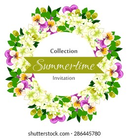Summertime collection. Romantic botanical invitation. Greeting card with floral background.