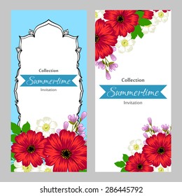 Summertime collection. Romantic botanical invitation. Greeting card with floral background.