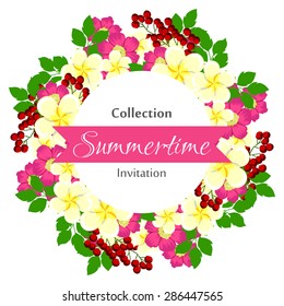 Summertime collection. Romantic botanical invitation. Greeting card with floral background.