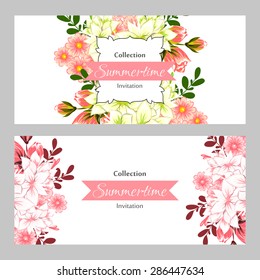 Summertime collection. Romantic botanical invitation. Greeting card with floral background.